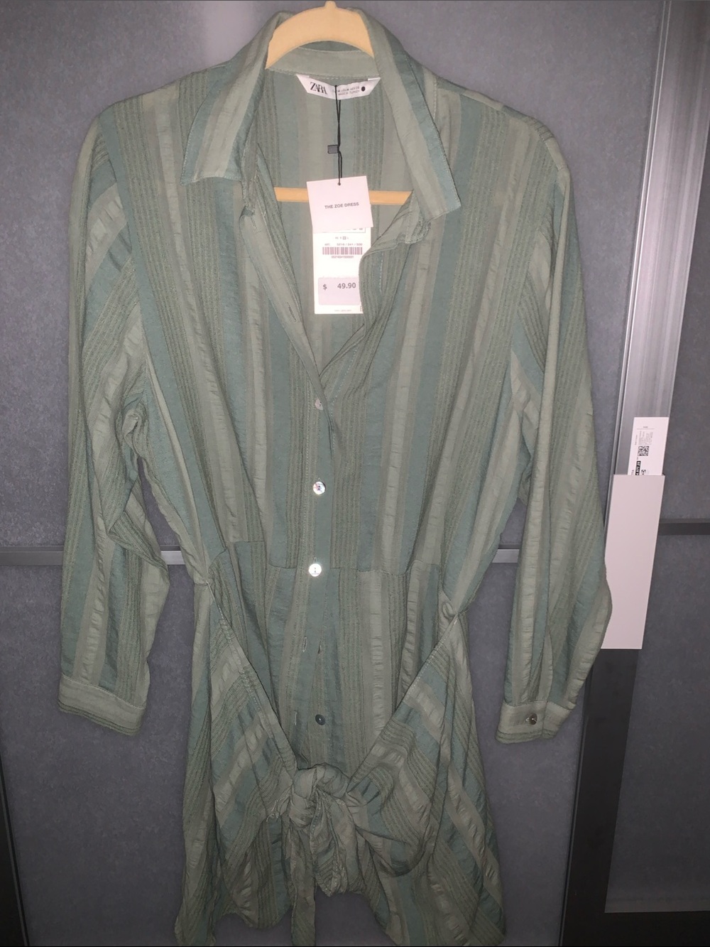 Zara Men's Sage Green Striped Tie-Front Button-Down Shirt